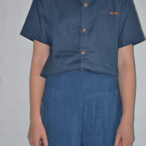 Chemise bleue manches courtes col mao